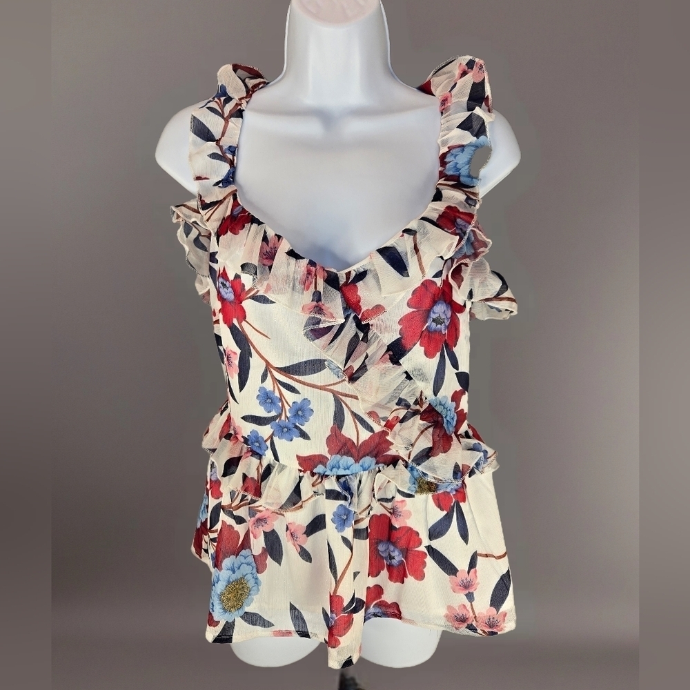 French Connection Womens Cami Top Sz 4 Aden Lurex Frill Ruffle Adj Straps Floral